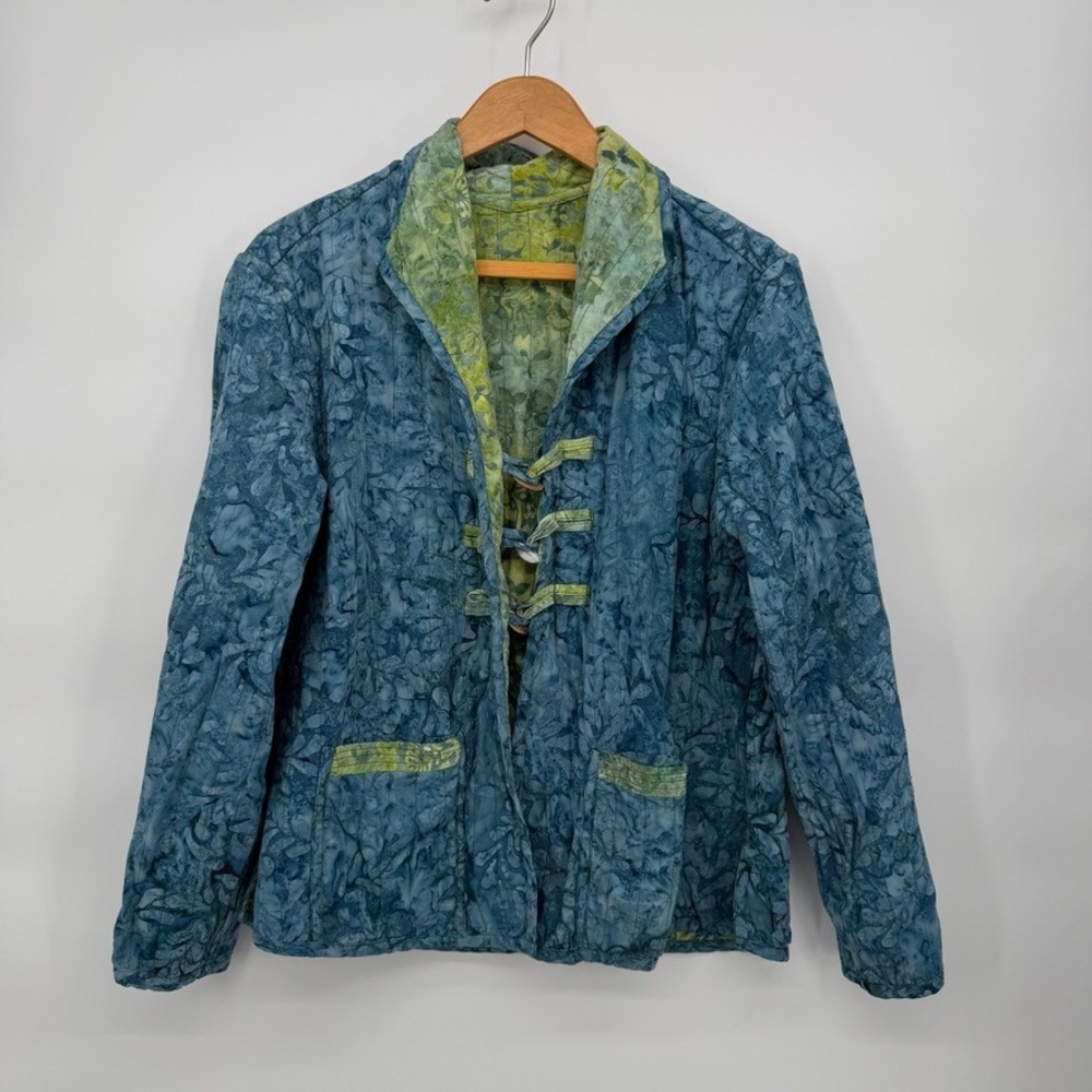 Frivolous by La Blend Reversible Quilted Batik Jacket Green Blue Floral Boho LG - Picture 8 of 13